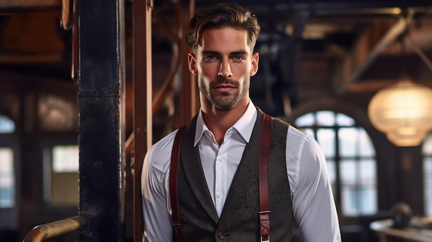 Portrait of a handsome young man in a suit and suspenders