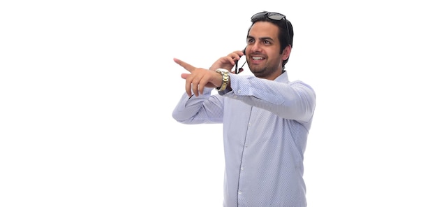 Portrait handsome young man talking  on telephone