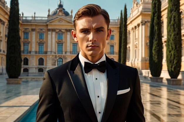 Portrait of handsome young man in tuxedo and bow tie posing outside serious looking at camera Confid