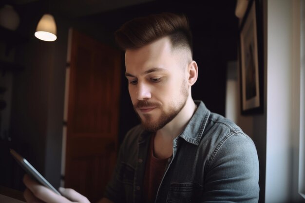 Photo portrait of a handsome young man using a wireless tablet while working from home