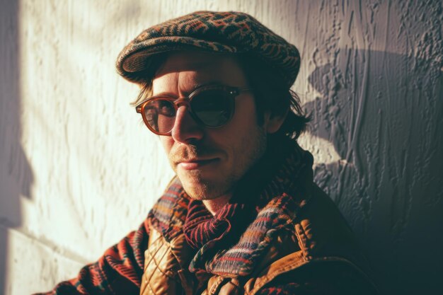 Портрет красивого молодого человека в шляпе и солнцезащитных очках в стиле ретро