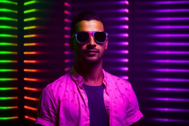 Portrait of a handsome young man wearing sunglasses in front of colorful neon lights