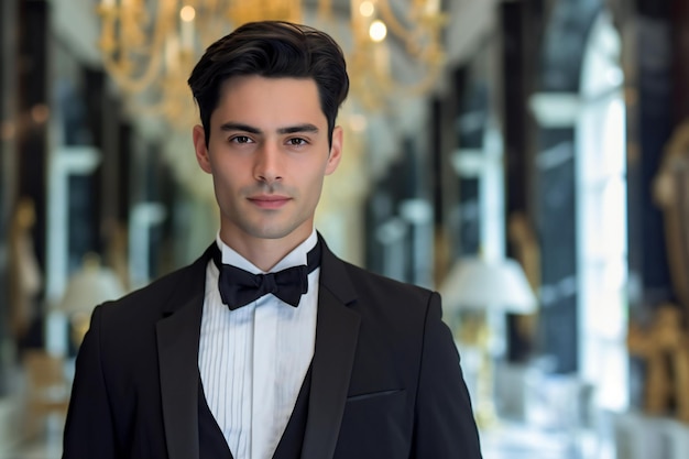 Portrait of handsome young man wearing tuxedo and bow tie