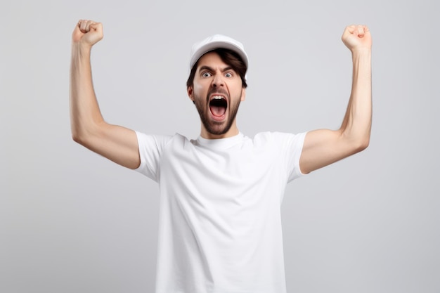 Portrait of a handsome young man wearing white tshirt and cap screaming isolated over white background