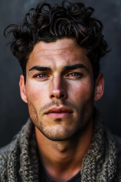 Photo portrait of a handsome young man wearing a woolen scarf