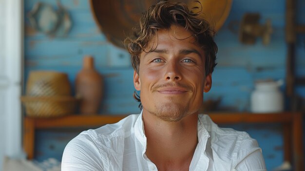 Portrait of a handsome young man in a white shirt at home