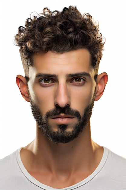 Portrait of a handsome young man with a beard on a white background