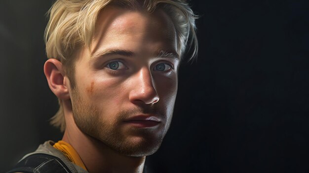 Portrait of a handsome young man with blond hair on a black background