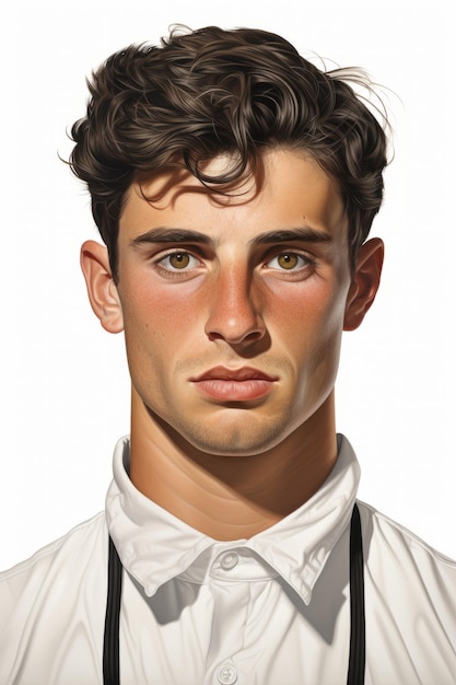 Photo portrait of a handsome young man with brown hair and green eyes wearing a white shirt and black apron