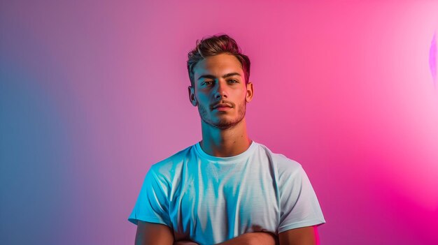 Portrait of handsome young man with crossed arms looking at camera on pink and blue background