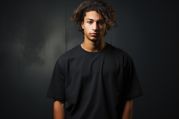 어두운 배경 에 검은 티셔츠 를 입고 곱슬 머리 를 가진 잘생긴 젊은 남자 의 초상화
