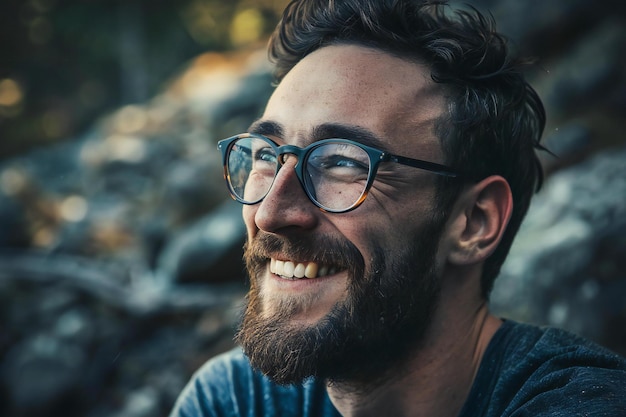 Photo portrait of a handsome young man with glasses and a beard in the mountains