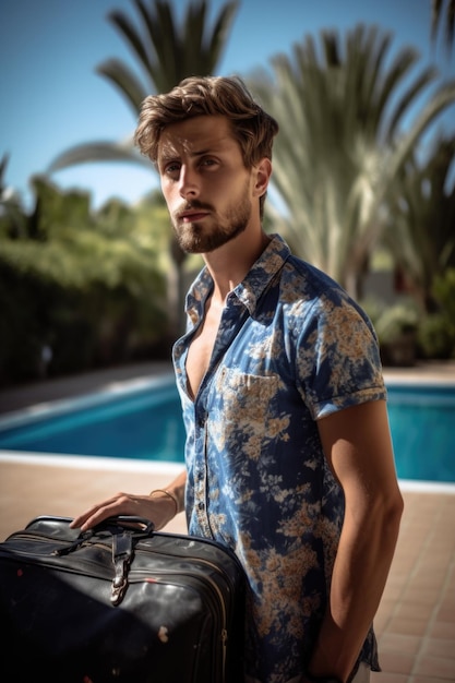 Portrait of a handsome young man with his luggage by the pool