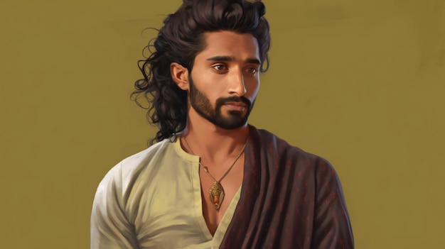 Portrait of a handsome young man with long curly hair and beard