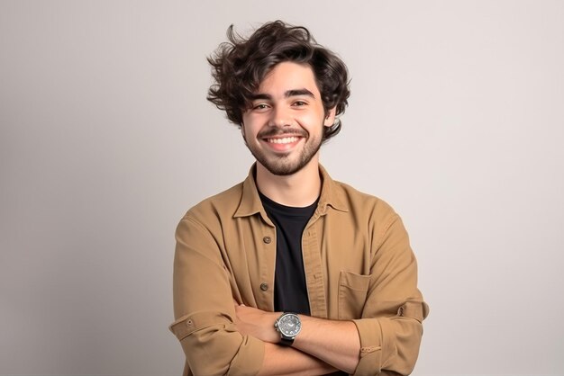 Portrait of a handsome young man with long curly hair smiling at the camera Generative AI