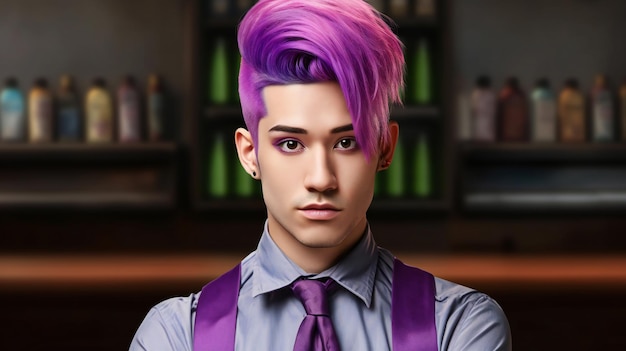 Portrait of a handsome young man with pink hair and purple tie