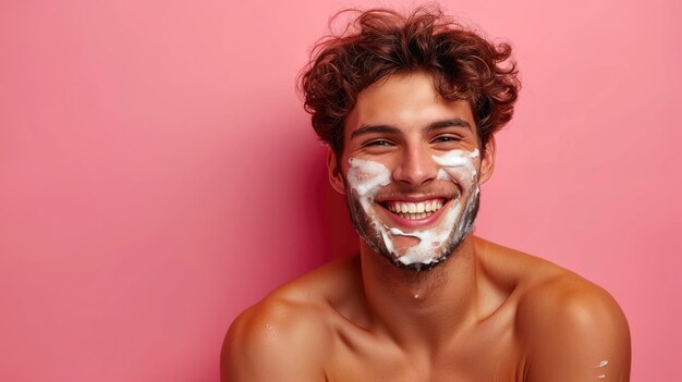 Portrait of a handsome young man with shaving foam on his face on a pink background