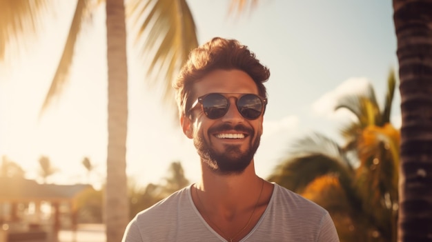 Portrait of a handsome young man with trendy hairstyle and sunglasses on the beach Generative AI