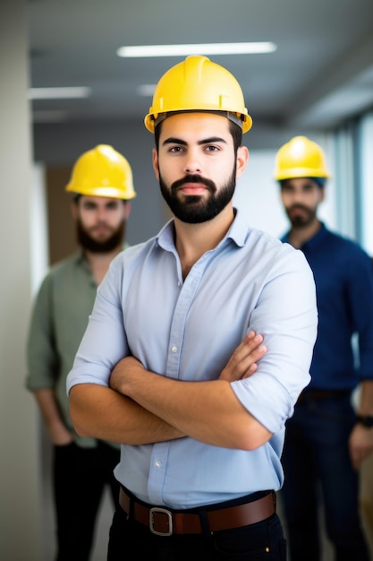 Portrait of a handsome young man working with his colleagues at their construction office