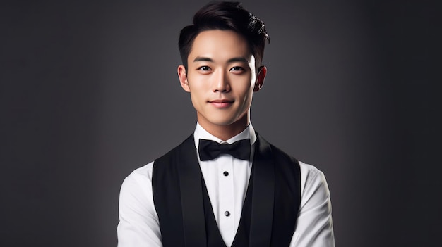 Portrait of handsome young waiter in tuxedo and gloves while happily looking in camera with arms folded on white background