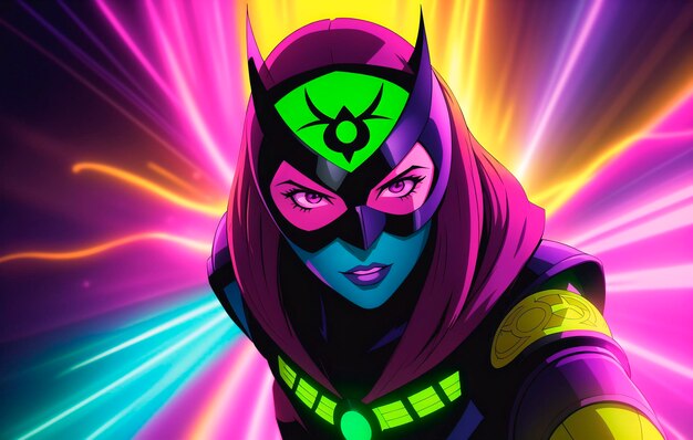 Portrait of a handsome young woman in superhero costume and wearing a mask