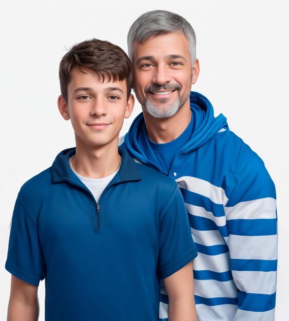 Portrait of a happy 40yearold father and his 16yearold son in black and blue clothes