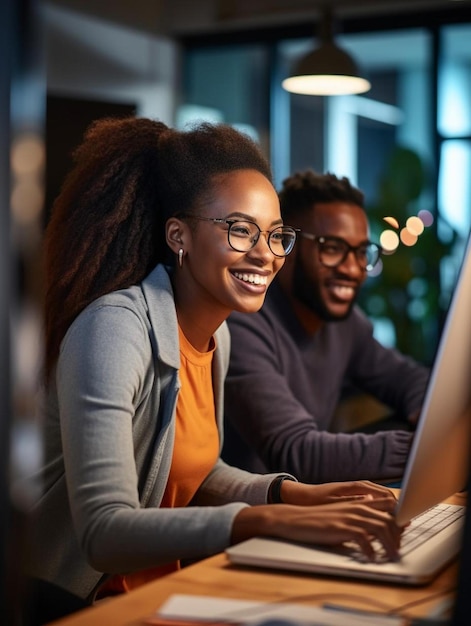 Портрет счастливых афроамериканских коллег, использующих компьютер и разговаривающих в творческом офисе