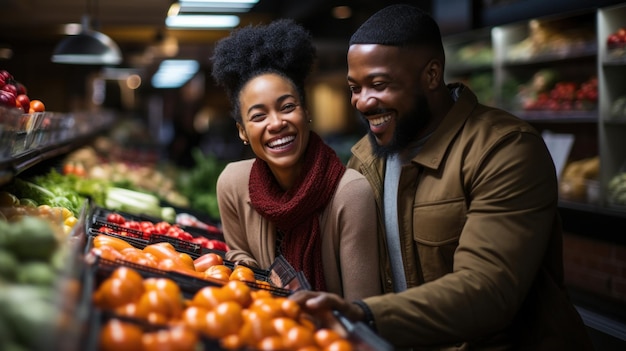 Портрет счастливой афроамериканской пары, выбирающей фрукты и овощи в продуктовом магазине