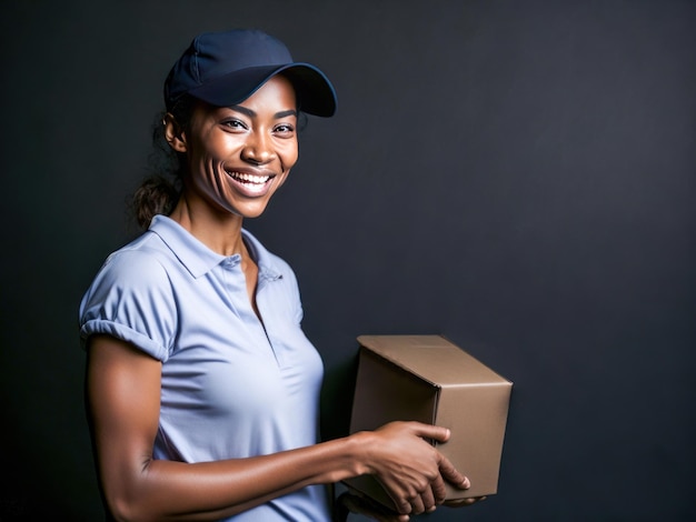 Portrait of Happy African American delivery woman holding a box package against grey background Delivery Concept Generative Ai