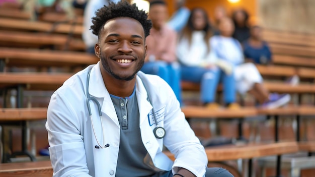 Portrait of happy african american male doctor sitting on bench and smiling at camera