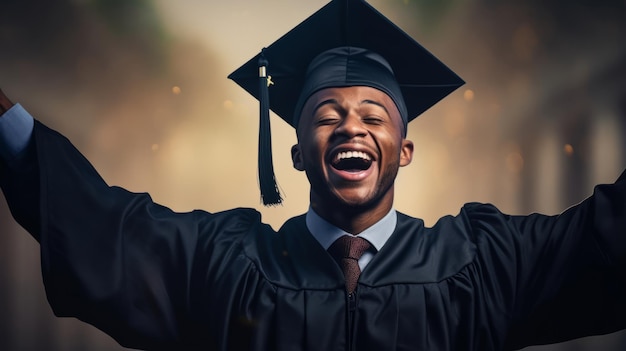 Portrait of Happy African American man graduating student celebrating Graduation