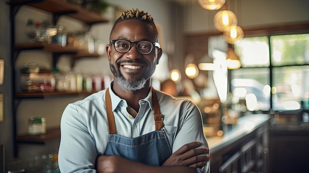 Photo portrait of happy african american man standing at doorway of her store cheerful mature waitress waiting for clients at coffee shop small business owner generative ai