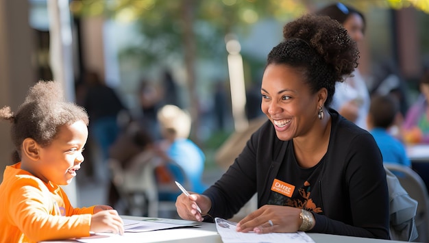 Portrait of happy African American mother and son studying together in outdoor cafe