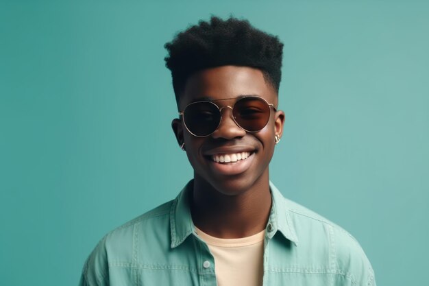 Portrait of happy african american teen guy in mint shirt and yellow sunglasses posing on blue stud