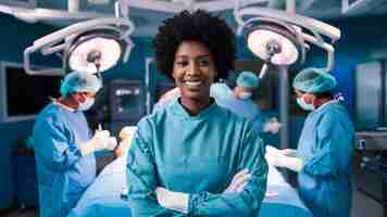 Photo portrait of happy african american woman surgeon standing in operating room ready to work on a pati