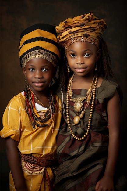 Photo portrait of happy african girls in national clothes