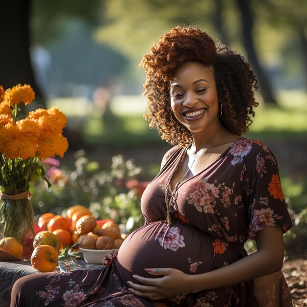 Portrait of a happy African pregnant woman enjoying picnic in park Generative AI