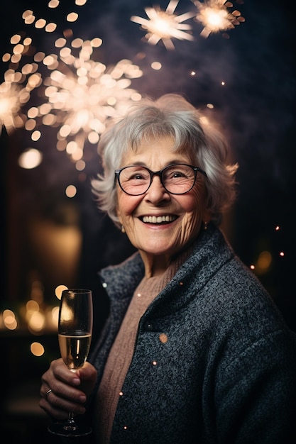 портрет счастливой пожилой женщины на праздничной новогодней вечеринке с фейерверком на заднем плане