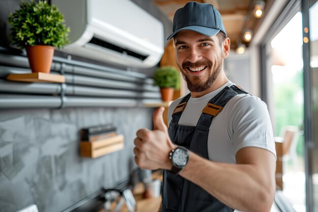 Portrait of a happy air conditioner mechanic showing thumbs up with copy space Generative AI