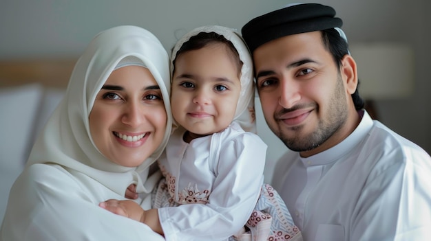 A portrait of a happy Arabic family posing with their little daughter at home