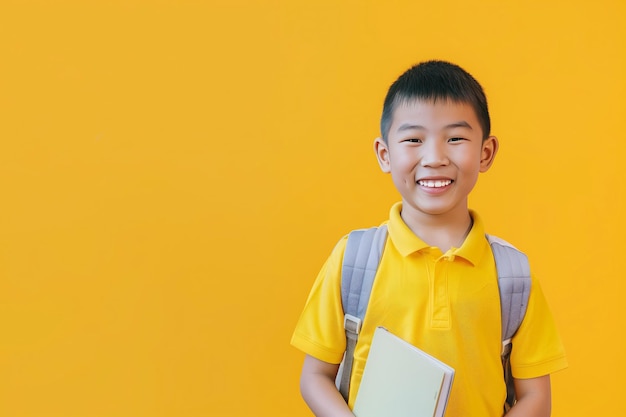 Portrait of happy asian boy holding book and backpack on yellow background copy space