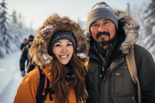 Portrait of happy Asian couple in the winter forest