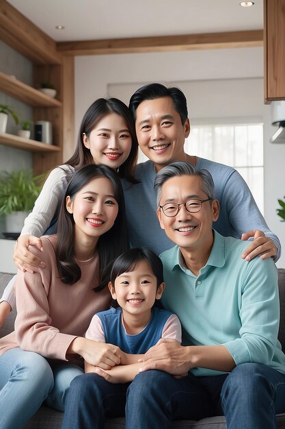 Photo portrait of happy asian family embracing at home created using generative ai technology