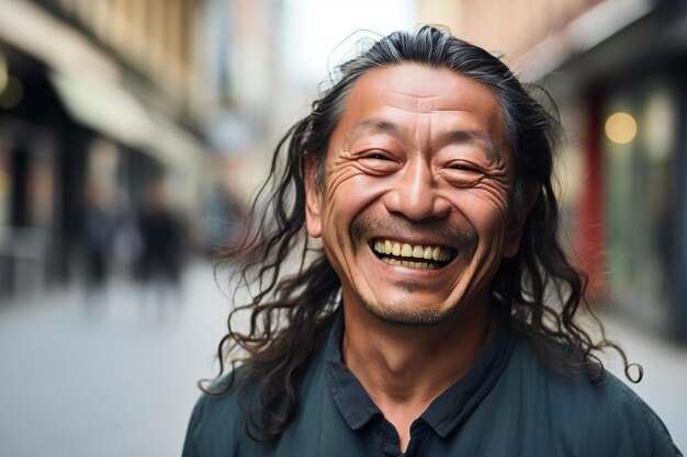 Photo portrait of a happy asian man laughing in the city