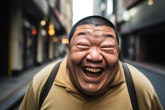 Portrait of a happy Asian man laughing in the street in Tokyo