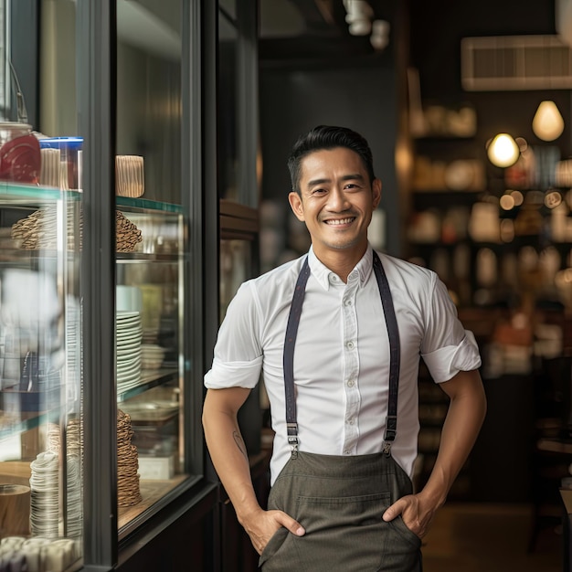 Portrait of happy asian man standing at doorway of her store Cheerful mature waitress waiting for clients at coffee shop Small Business Owner Generative Ai