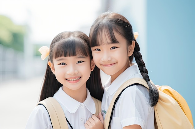 Portrait of happy asian schoolgirls smiling at camera outdoors