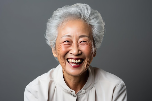 portrait happy asian woman looking at camera with grey hair