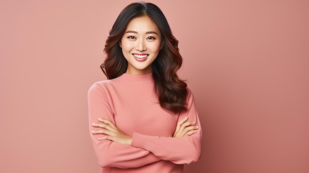 Portrait of happy asian woman smiling posing confident cross arms on chest standing against studio