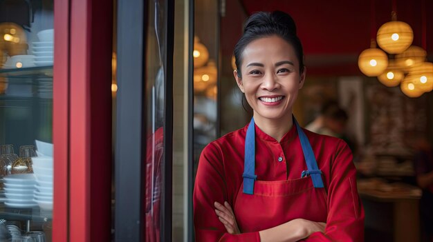 Portrait of happy asian woman standing at doorway of her store Cheerful mature waitress waiting for clients at coffee shop Small Business Owner Generative Ai
